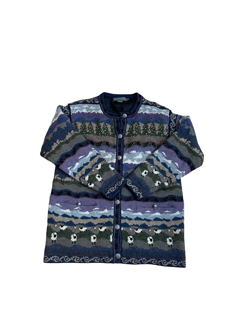 ICELANDIC DESIGN VINTAGE SHEEP FOREST SCENE WOOL CARDIGAN JUMPER SWEATER